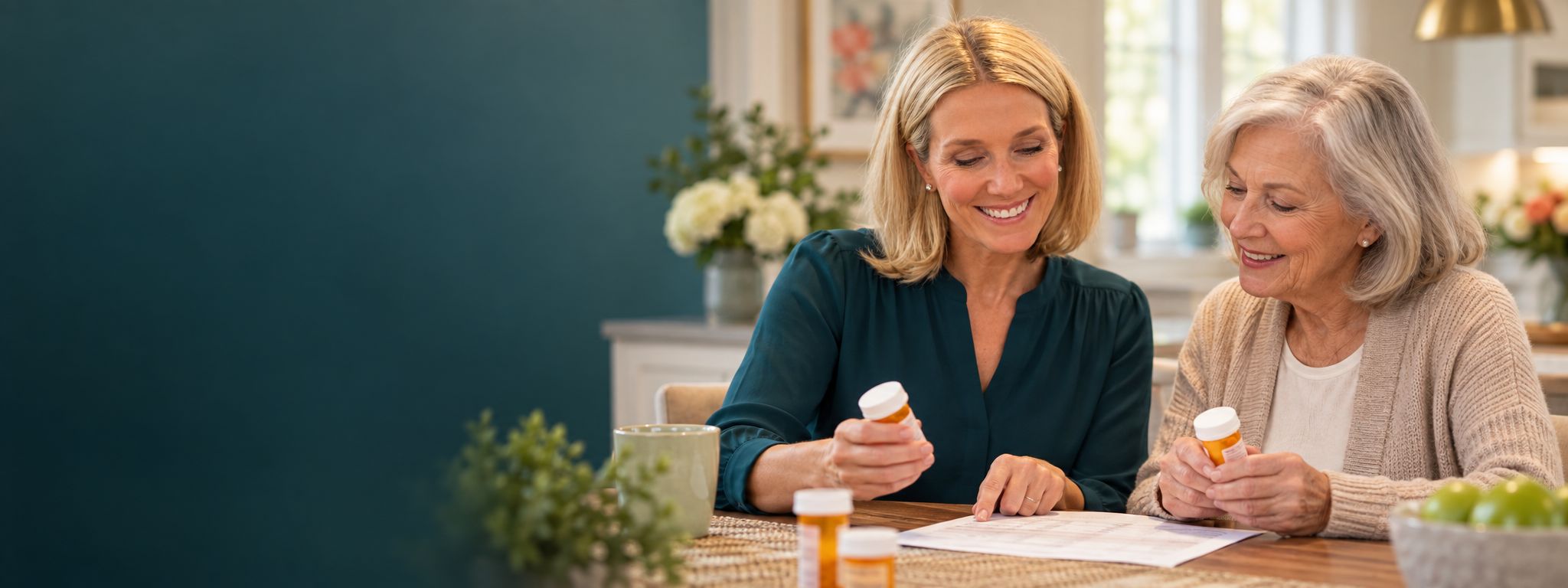 Gina Holton reviewing medications with an older patient at home